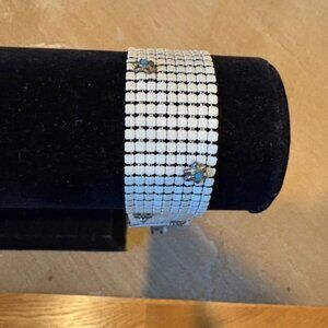 Vintage Rare Signed White Enamel Silvertone Mesh Bracelet Turquoise Star Accents